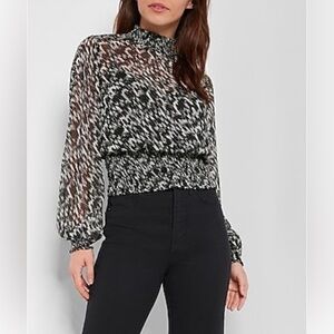 Express Black & White Smocked Waist Sheer Blouse